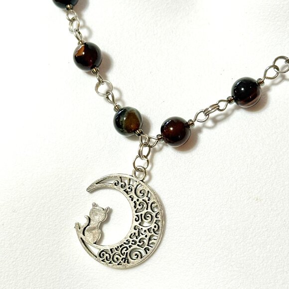 Genuine Dark Brown Agate Necklace, Natural Gemstone & Cat on the Moon Pendant - Picture 1 of 15